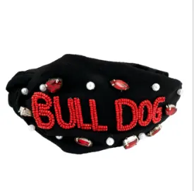 BLACK RED AND WHITE BEADED AND JEWELED BULLDOGS HEADBAND