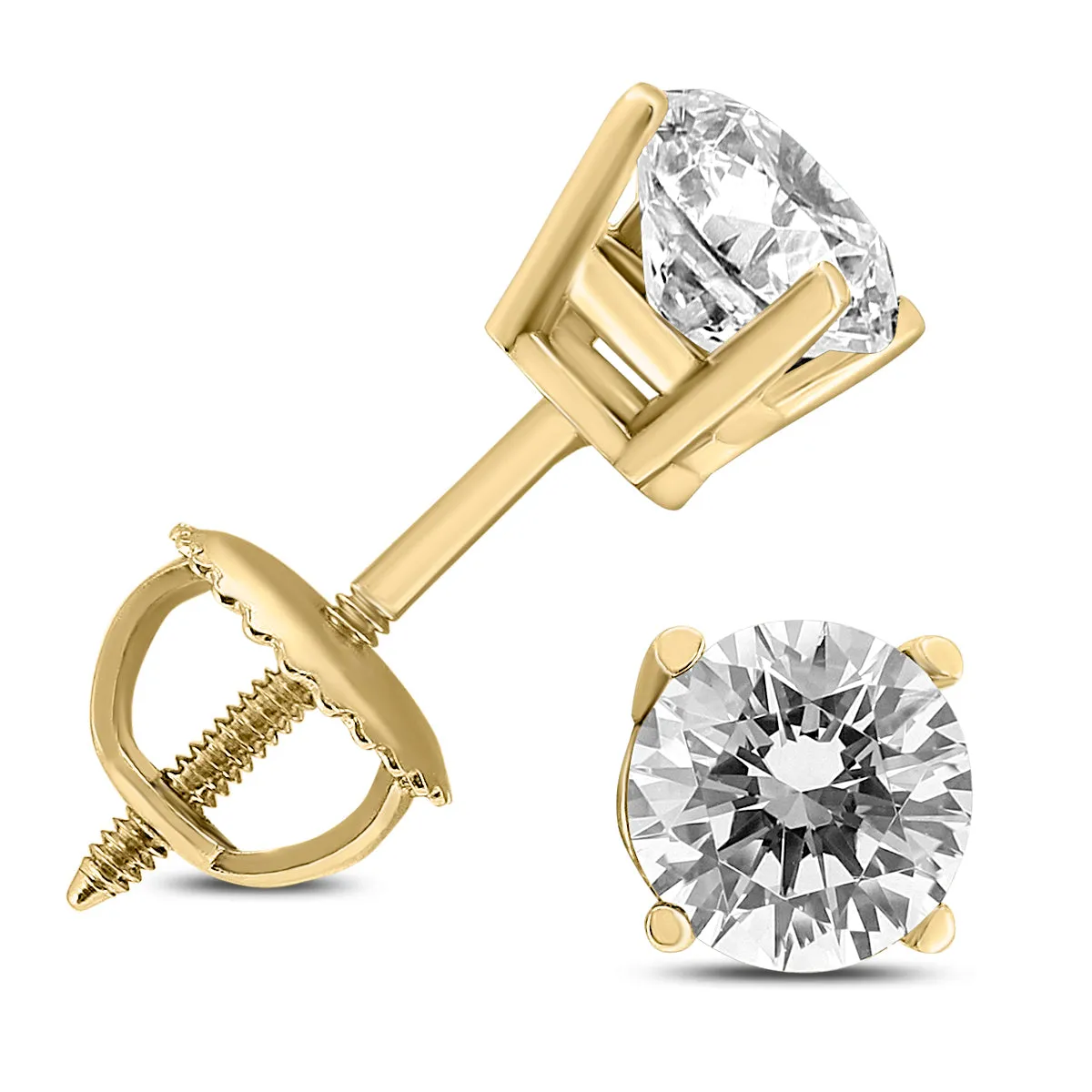 1/2 Carat Tw Ags Certified Round Diamond Solitaire Stud Earrings In 14K Yellow Gold With Screw Backs