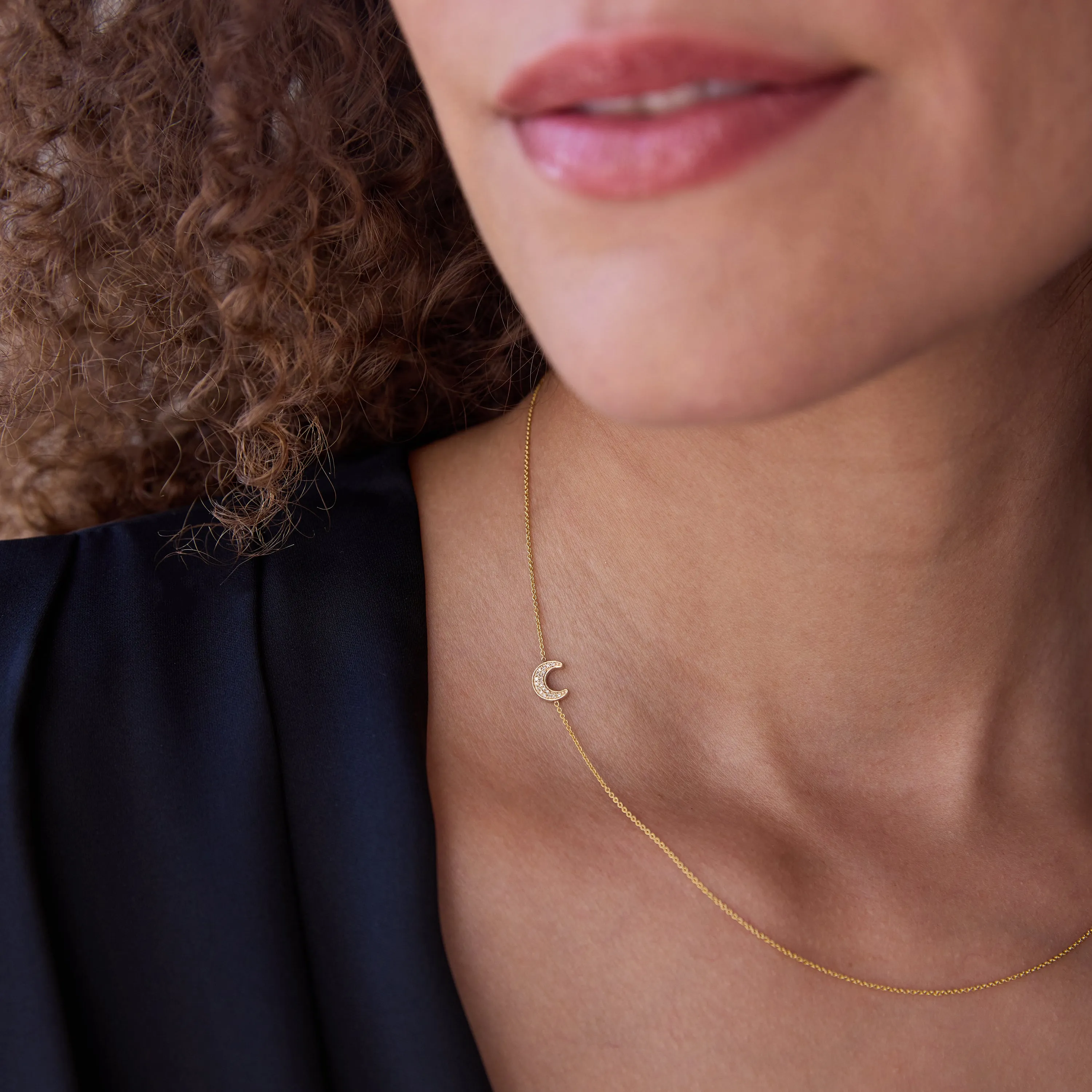 14K GOLD ASYMMETRICAL CHARM NECKLACE - Moon