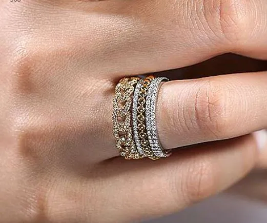 14K White-Yellow Gold Wide Band Layered Diamond Ring