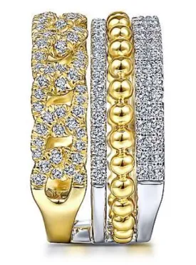 14K White-Yellow Gold Wide Band Layered Diamond Ring