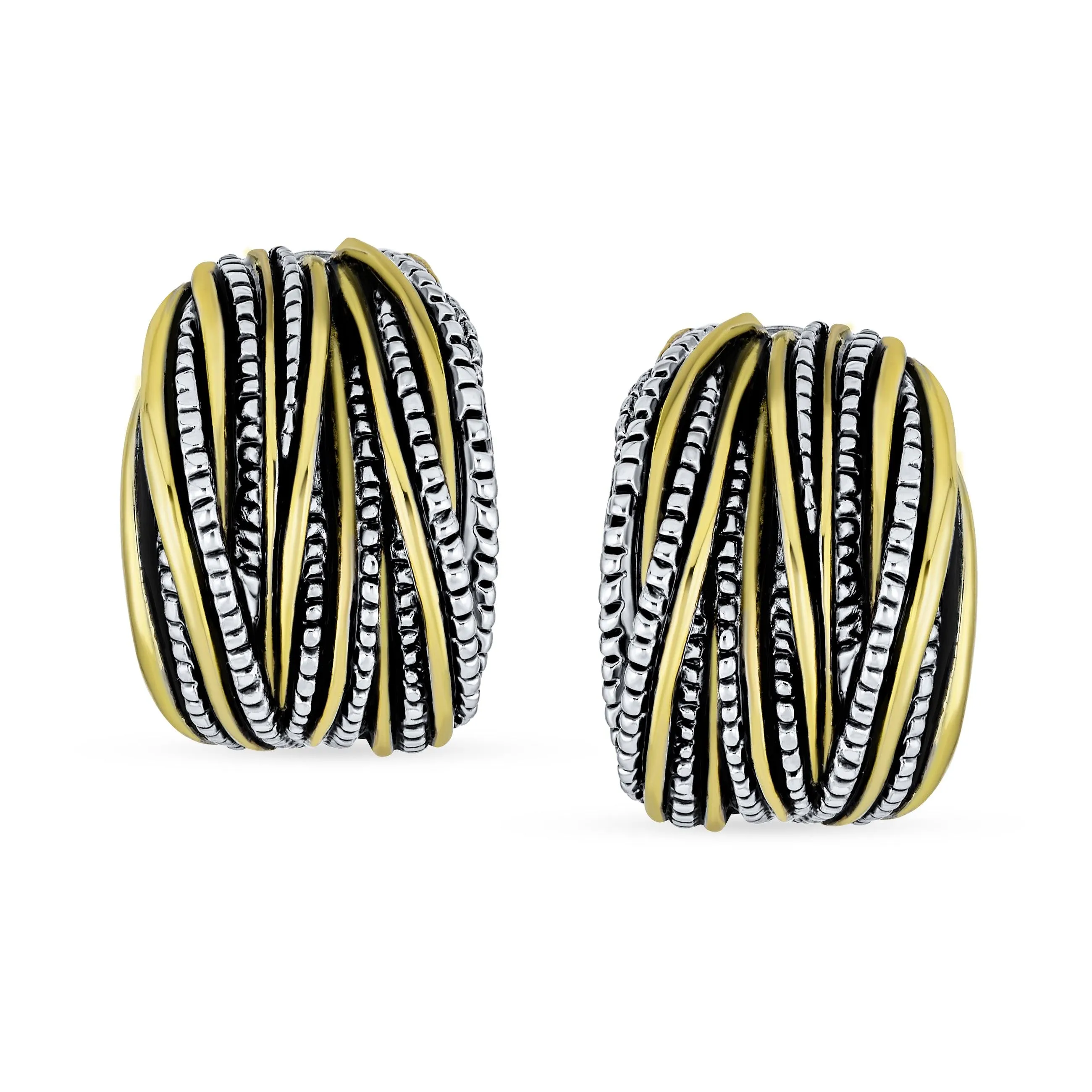 2 Tone Braid Cable Dome Criss Cross Wire Clip On Earrings Silver Gold