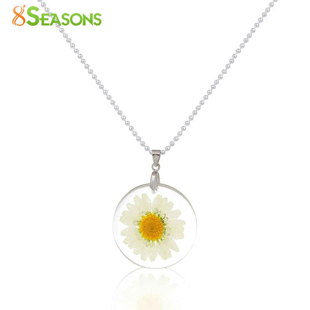 8SEASONS Handmade Boho Transparent Resin Dried Flower Daisy Necklace Ball Chain Silver Color White Round 45cm long, 1 Piece