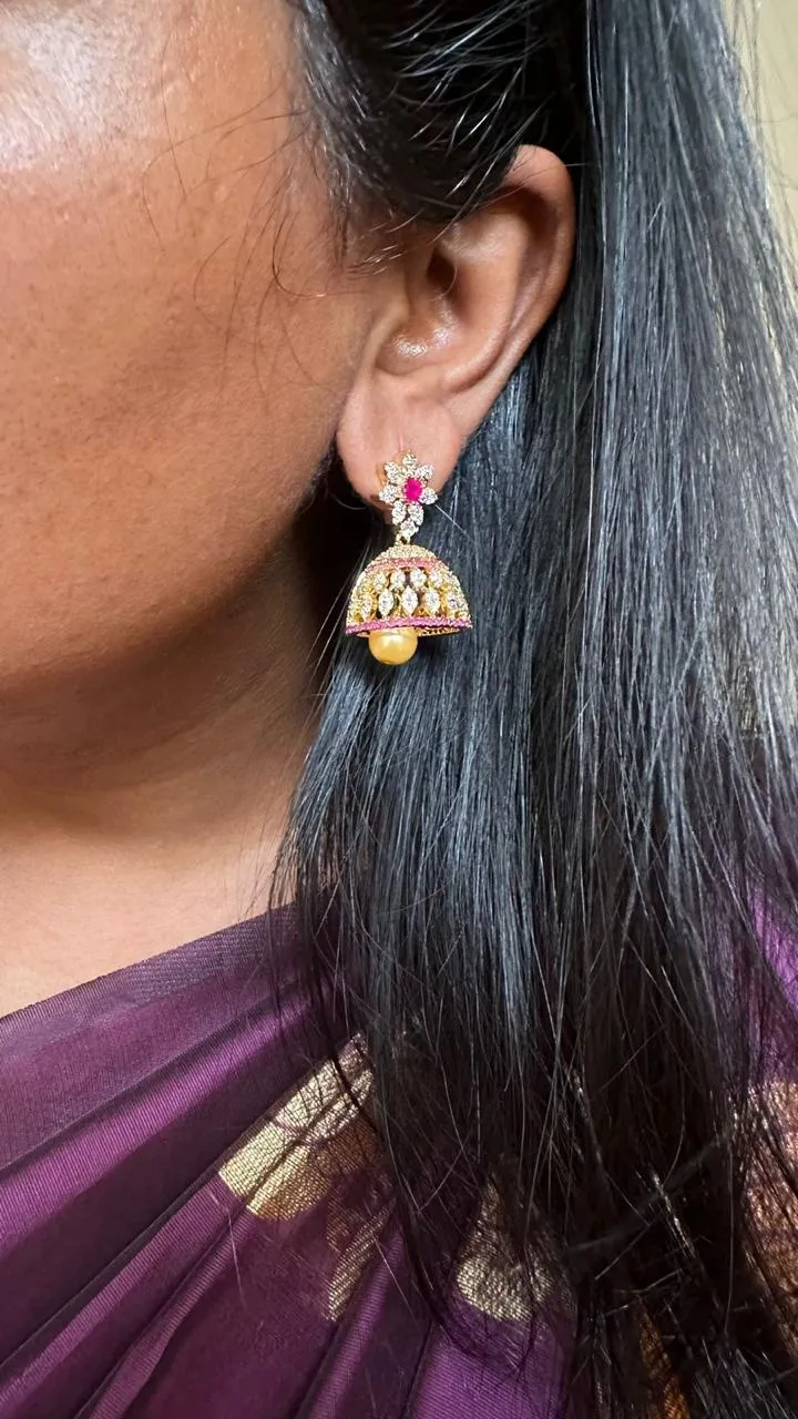 AD Stone Ruby White Stone Flower Jhumka