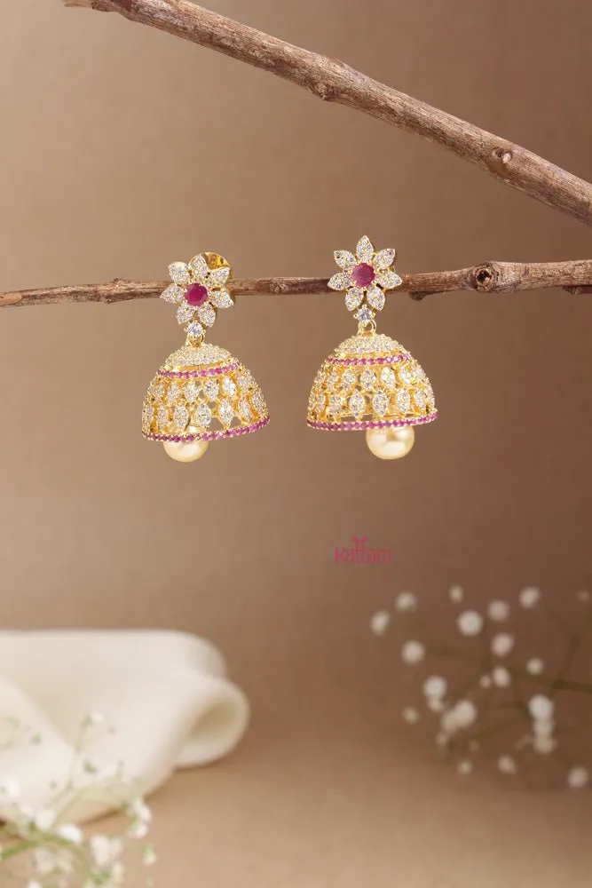 AD Stone Ruby White Stone Flower Jhumka