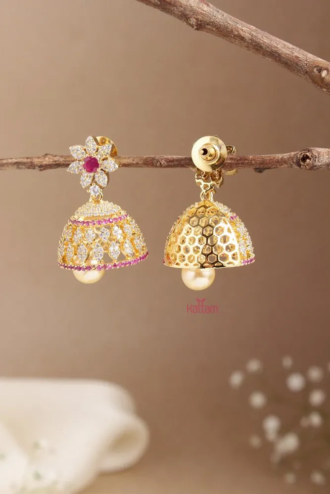 AD Stone Ruby White Stone Flower Jhumka