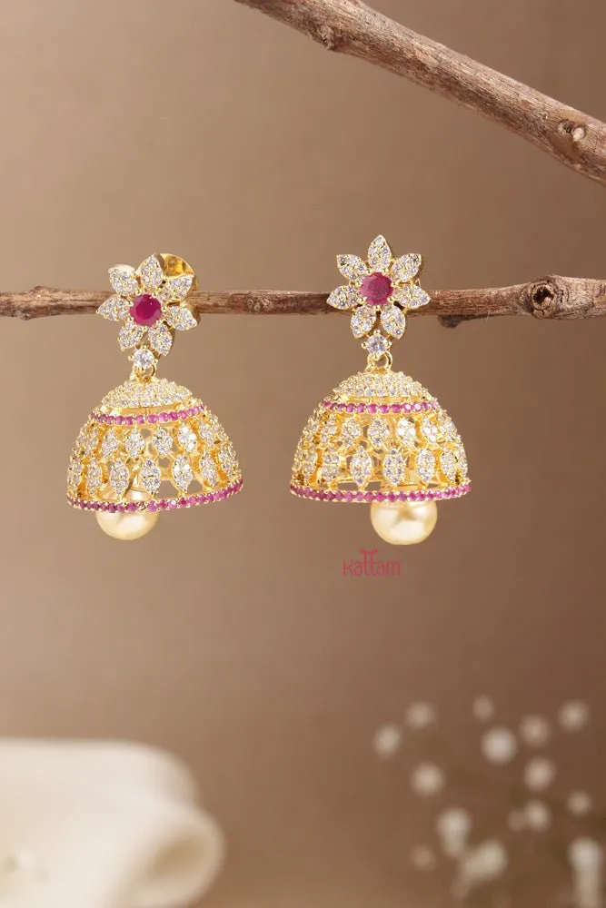 AD Stone Ruby White Stone Flower Jhumka