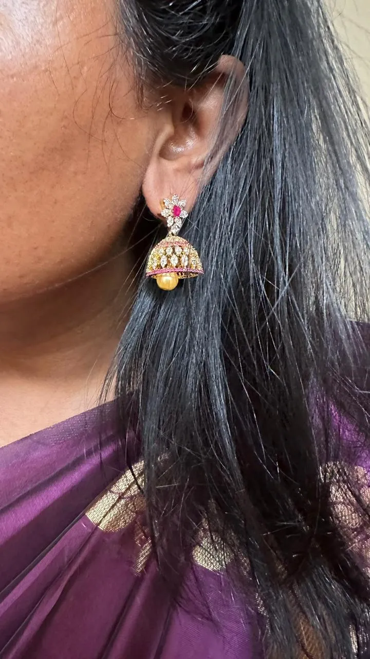 AD Stone Ruby White Stone Flower Jhumka