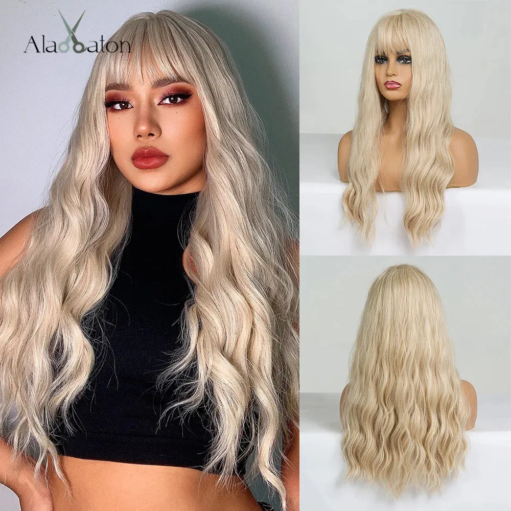 ALAN EATON Long Pink Wigs with Bangs Water Wave Heat Resistant Wavy Hair Synthetic Wig for Women African American Lolita Cosplay