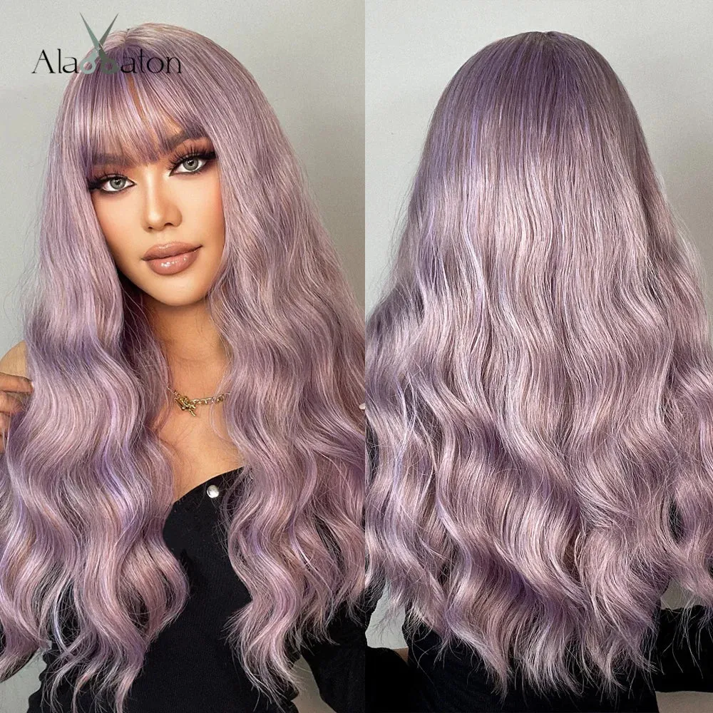 ALAN EATON Long Pink Wigs with Bangs Water Wave Heat Resistant Wavy Hair Synthetic Wig for Women African American Lolita Cosplay