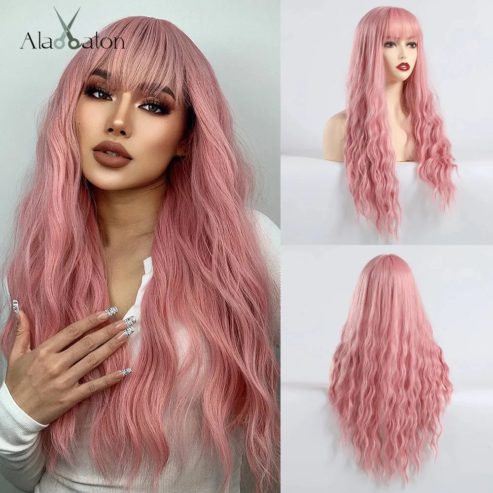 ALAN EATON Long Pink Wigs with Bangs Water Wave Heat Resistant Wavy Hair Synthetic Wig for Women African American Lolita Cosplay