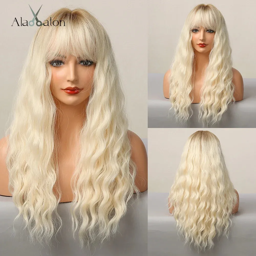 ALAN EATON Long Pink Wigs with Bangs Water Wave Heat Resistant Wavy Hair Synthetic Wig for Women African American Lolita Cosplay