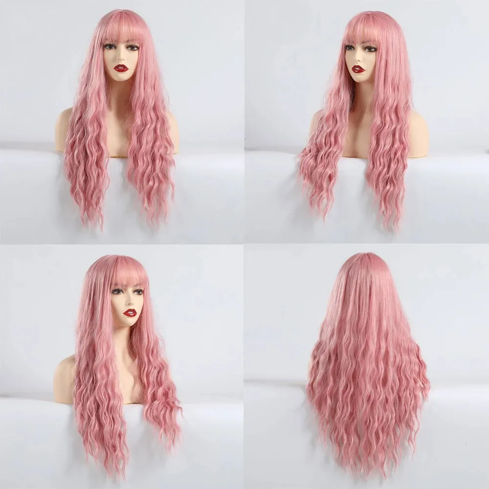 ALAN EATON Long Pink Wigs with Bangs Water Wave Heat Resistant Wavy Hair Synthetic Wig for Women African American Lolita Cosplay