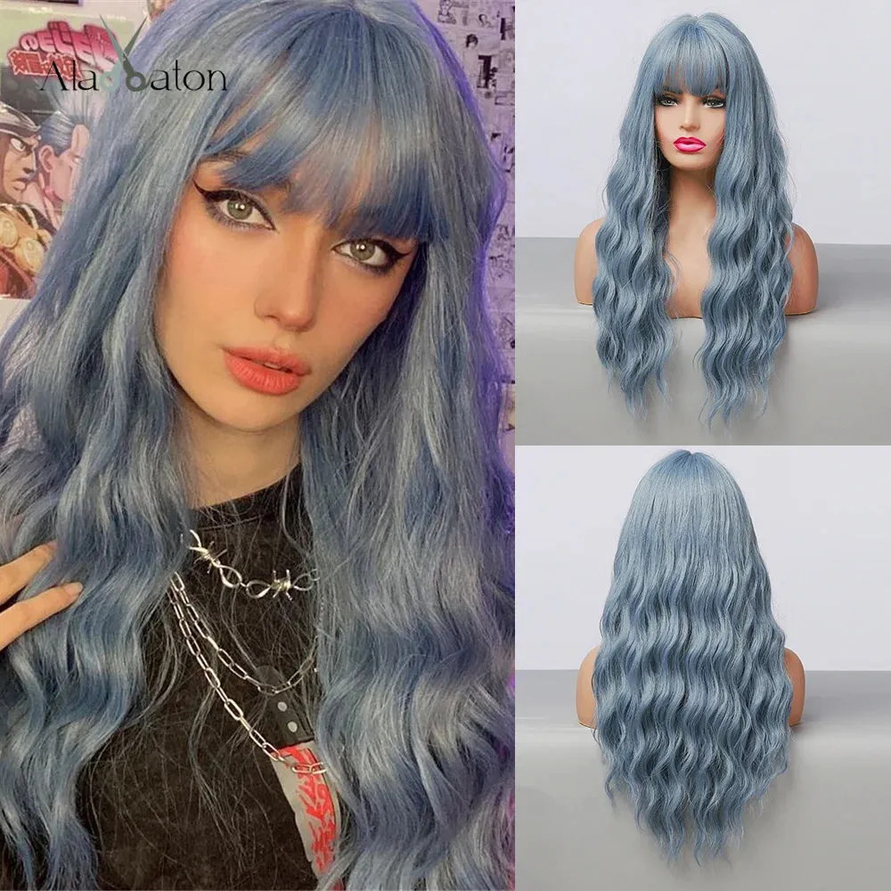 ALAN EATON Long Pink Wigs with Bangs Water Wave Heat Resistant Wavy Hair Synthetic Wig for Women African American Lolita Cosplay