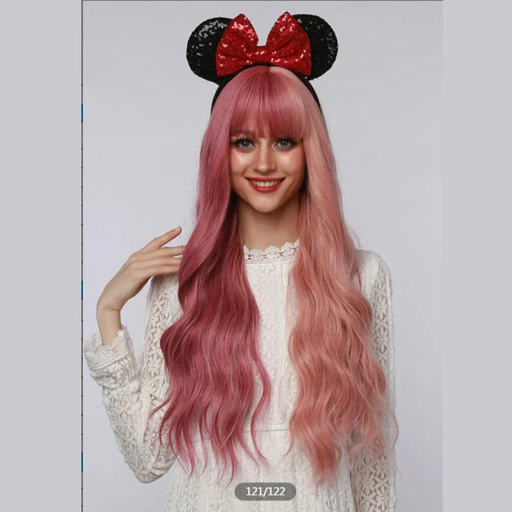 ALAN EATON Long Pink Wigs with Bangs Water Wave Heat Resistant Wavy Hair Synthetic Wig for Women African American Lolita Cosplay