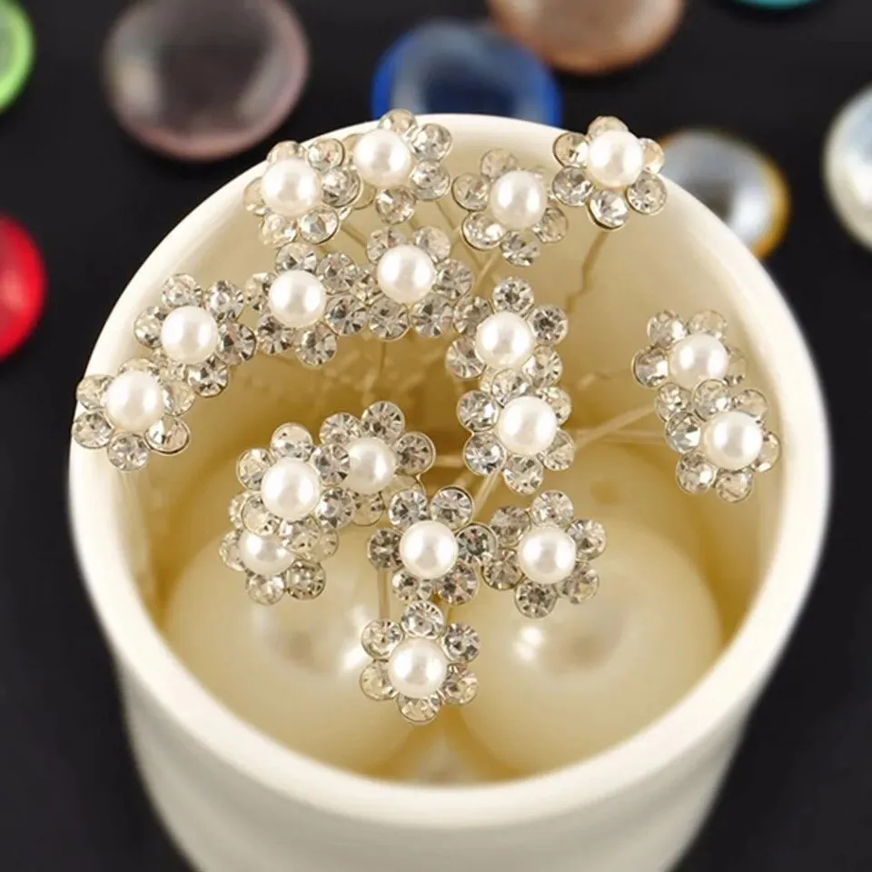 B- Silver - Pearl flower clear crystal Hair Pins clips