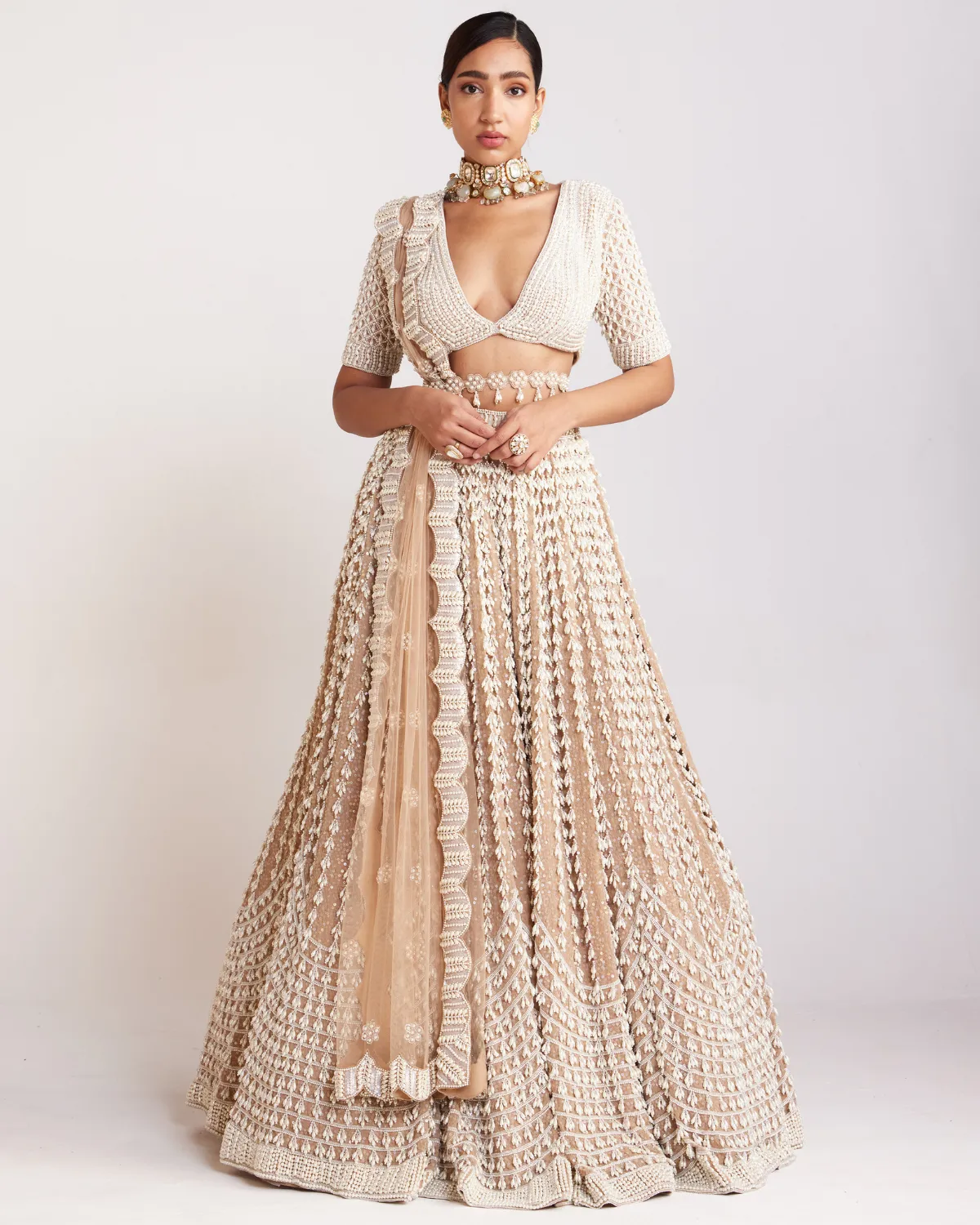 Beige Linear Pearl Detail Lehenga Set