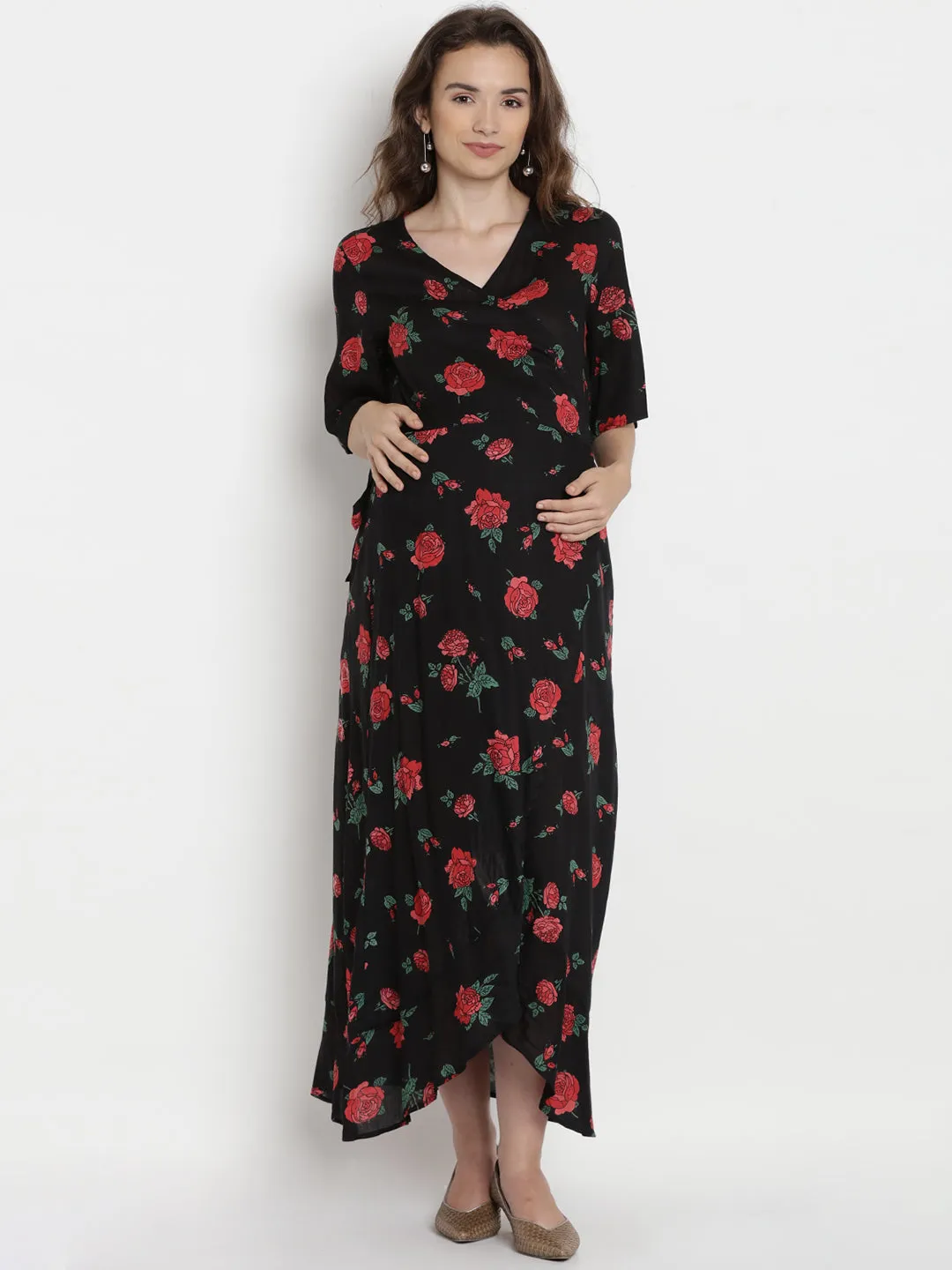 Black Floral Print Maternity Dress