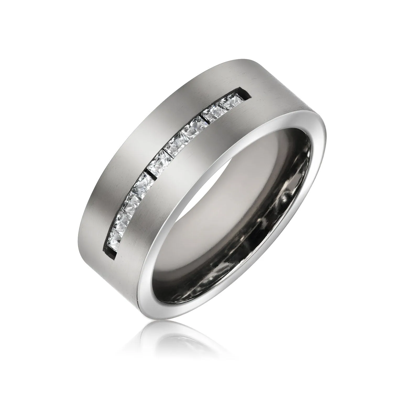 Black Inlay AAA CZ Accent Mens Titanium Wide Wedding Band Ring