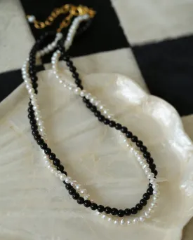 Black Onyx Natural Pearl Double Layer Necklace