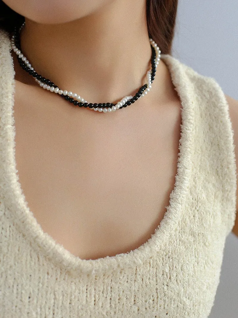 Black Onyx Natural Pearl Double Layer Necklace