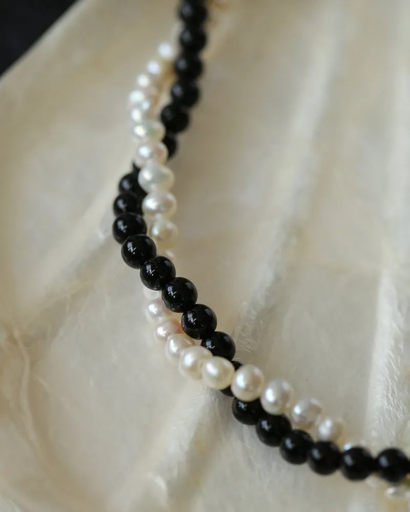 Black Onyx Natural Pearl Double Layer Necklace