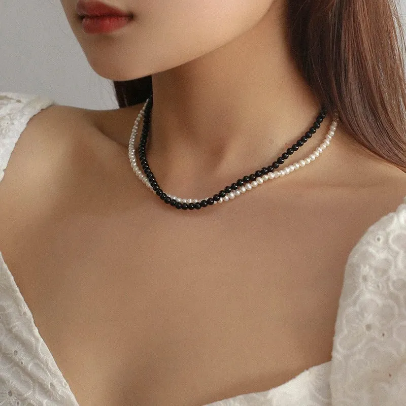 Black Onyx Natural Pearl Double Layer Necklace