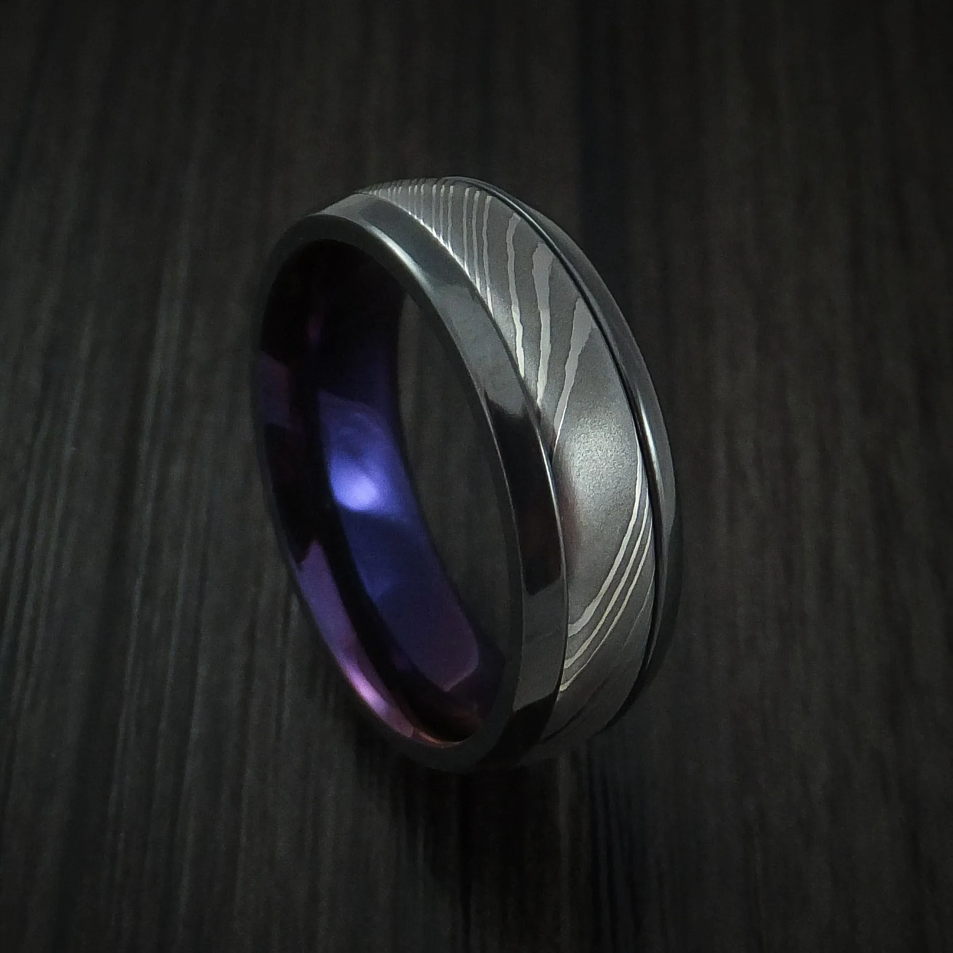 Black Titanium and Damascus Steel Band with Anodized Interior Custom Made Men's Ring