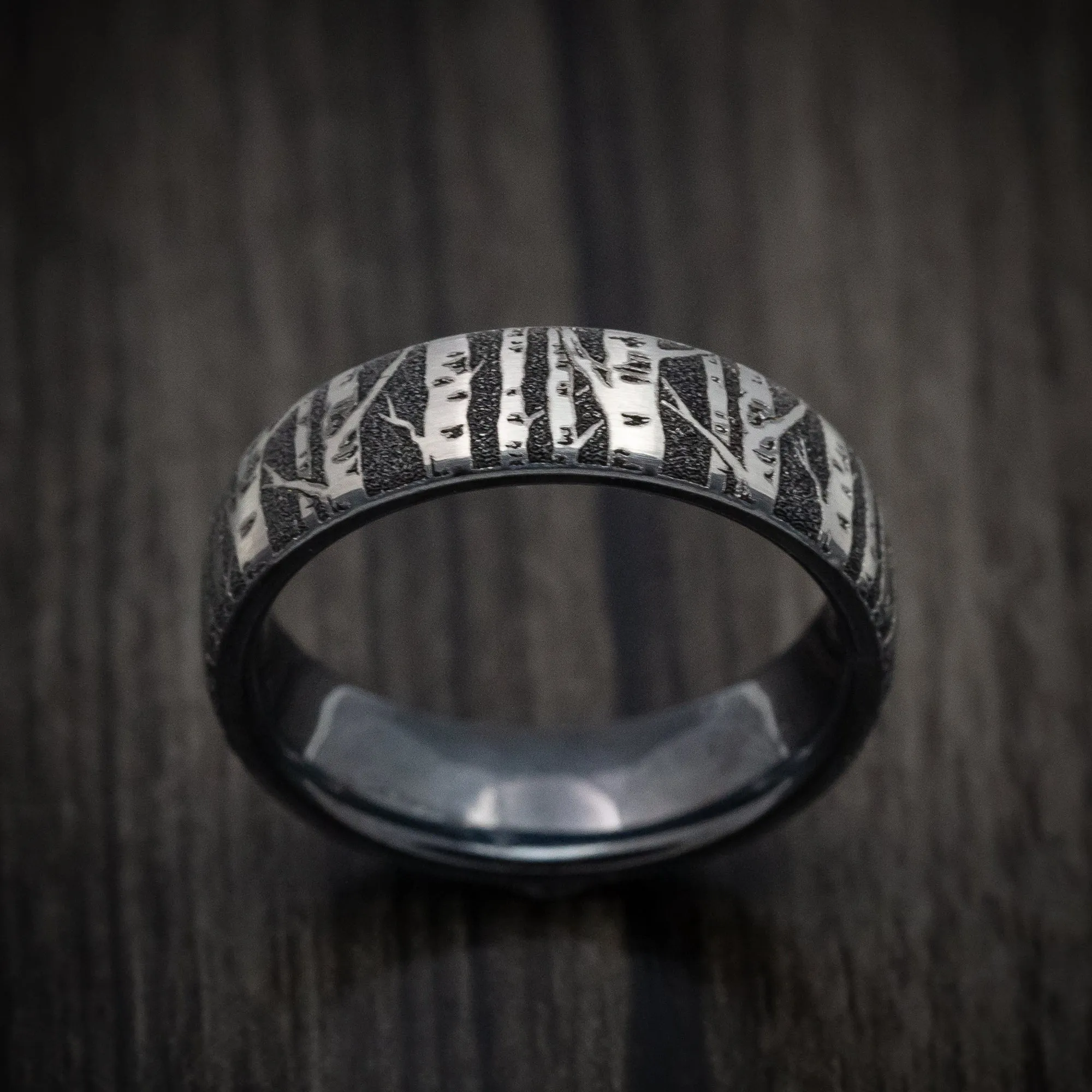 Black Titanium Birch Tree Pattern Ring