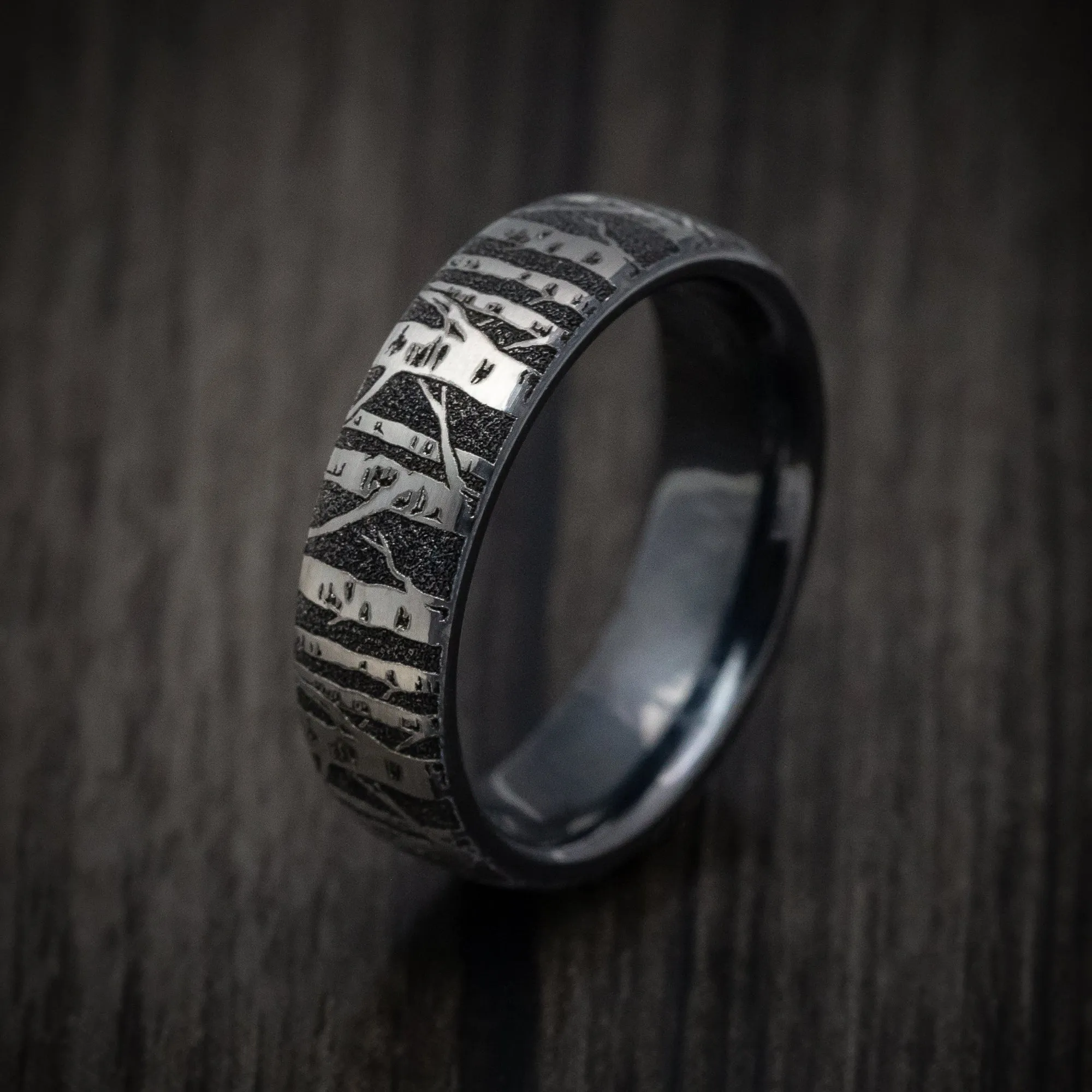 Black Titanium Birch Tree Pattern Ring