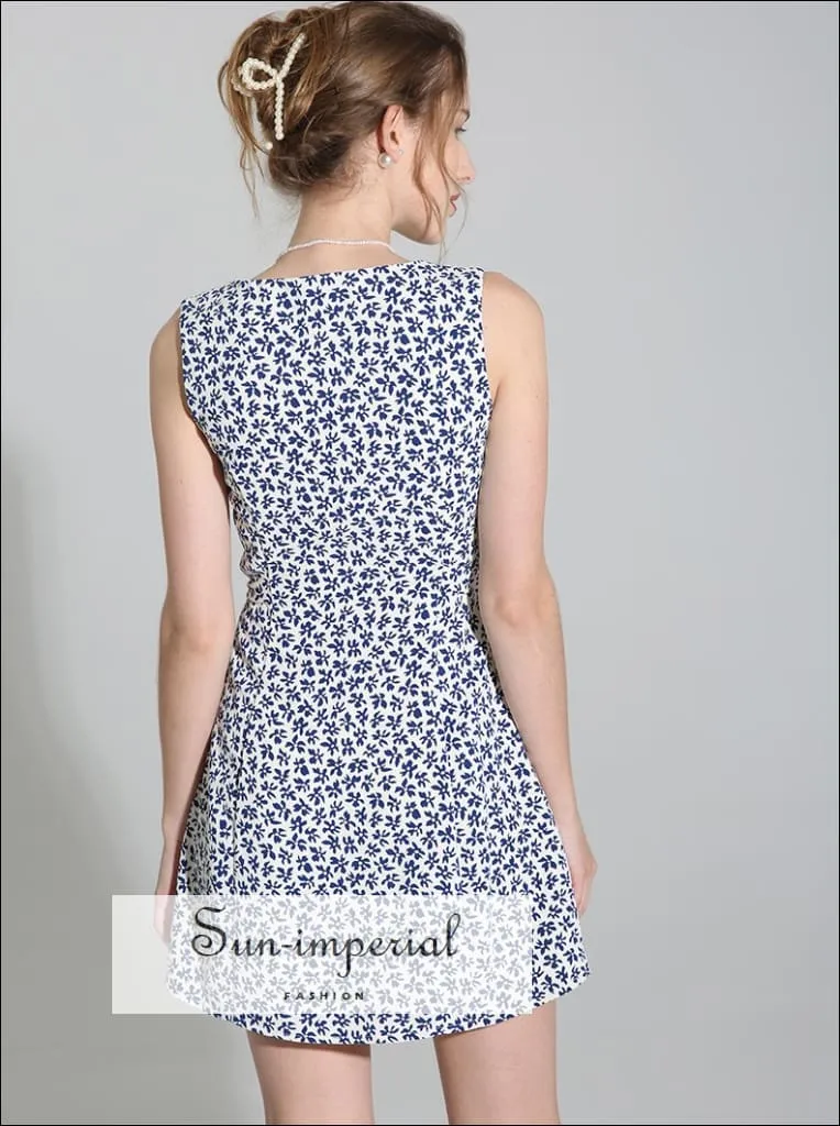 Blue Floral Print Sleeveless O Neck Slim Mini Dress