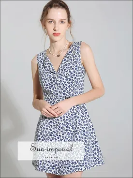 Blue Floral Print Sleeveless O Neck Slim Mini Dress