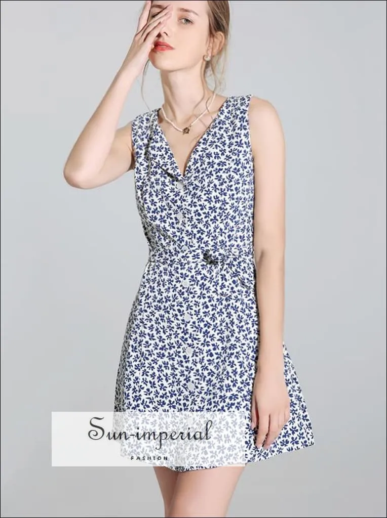 Blue Floral Print Sleeveless O Neck Slim Mini Dress