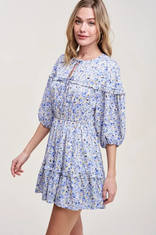 Blue Floral Ruffle Sleeve Dress