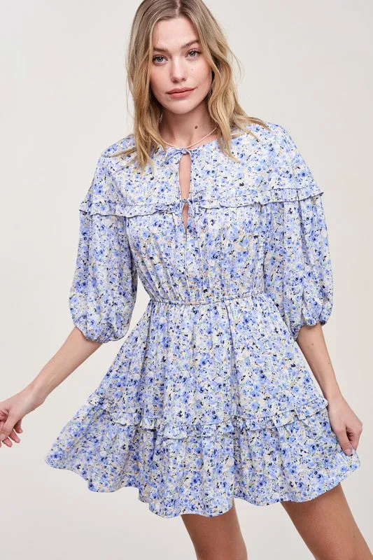 Blue Floral Ruffle Sleeve Dress