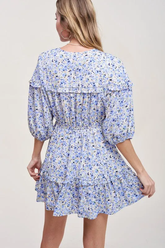 Blue Floral Ruffle Sleeve Dress