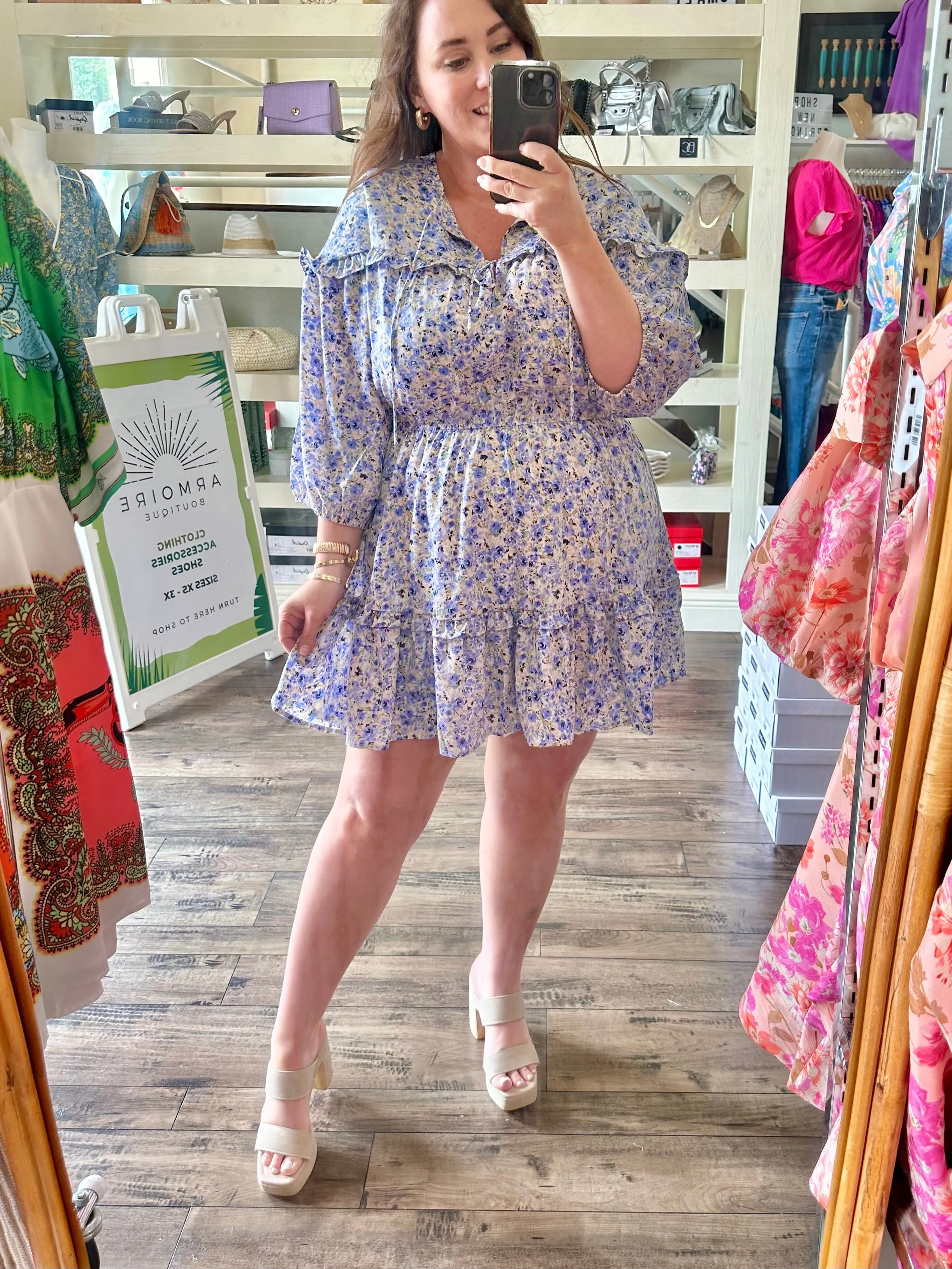 Blue Floral Ruffle Sleeve Dress