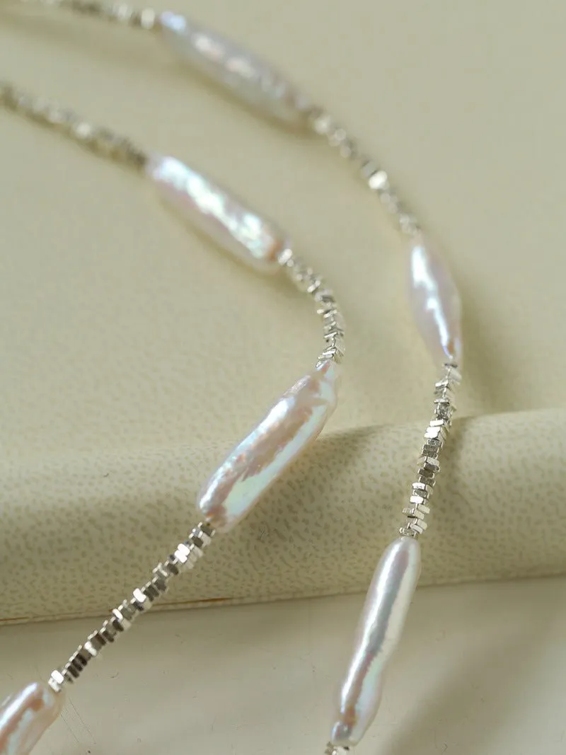 Broken Silver Toothpick Freshwater Pearl Necklaces