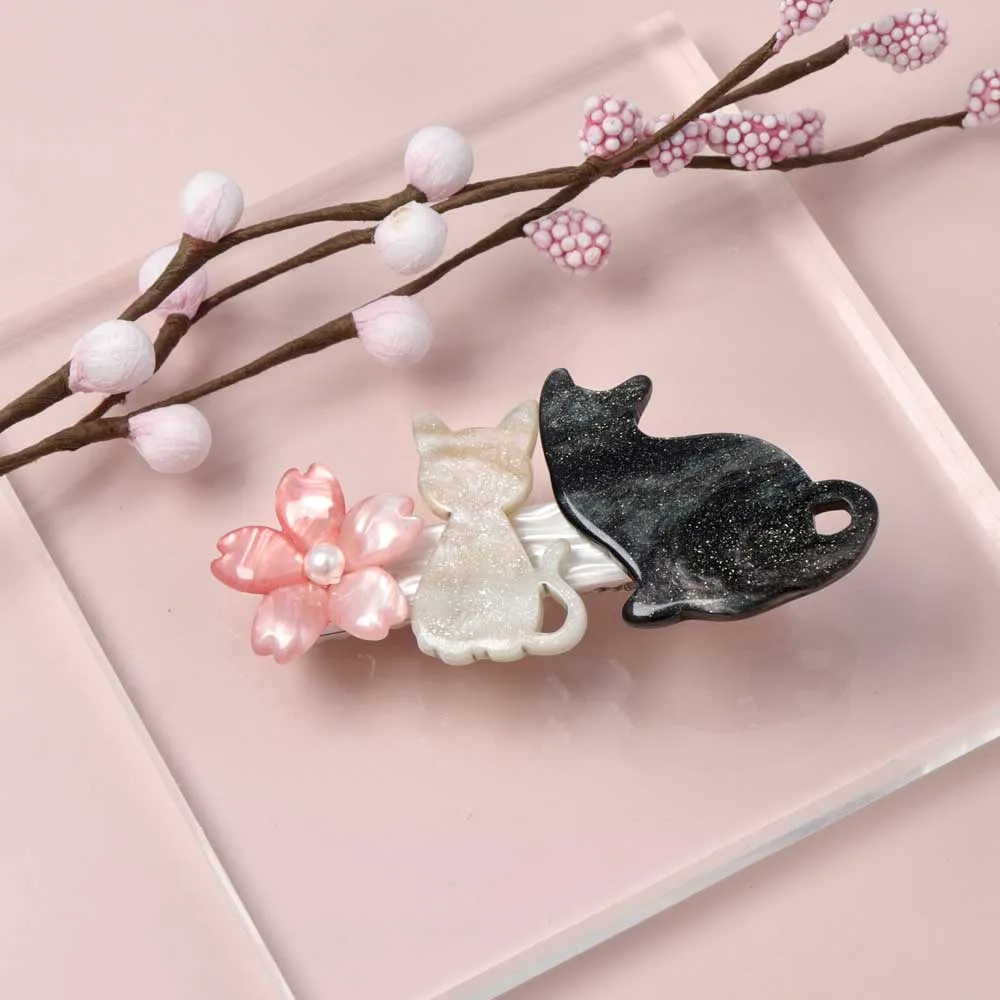 Cat and Cherry Blossom Hair Clip