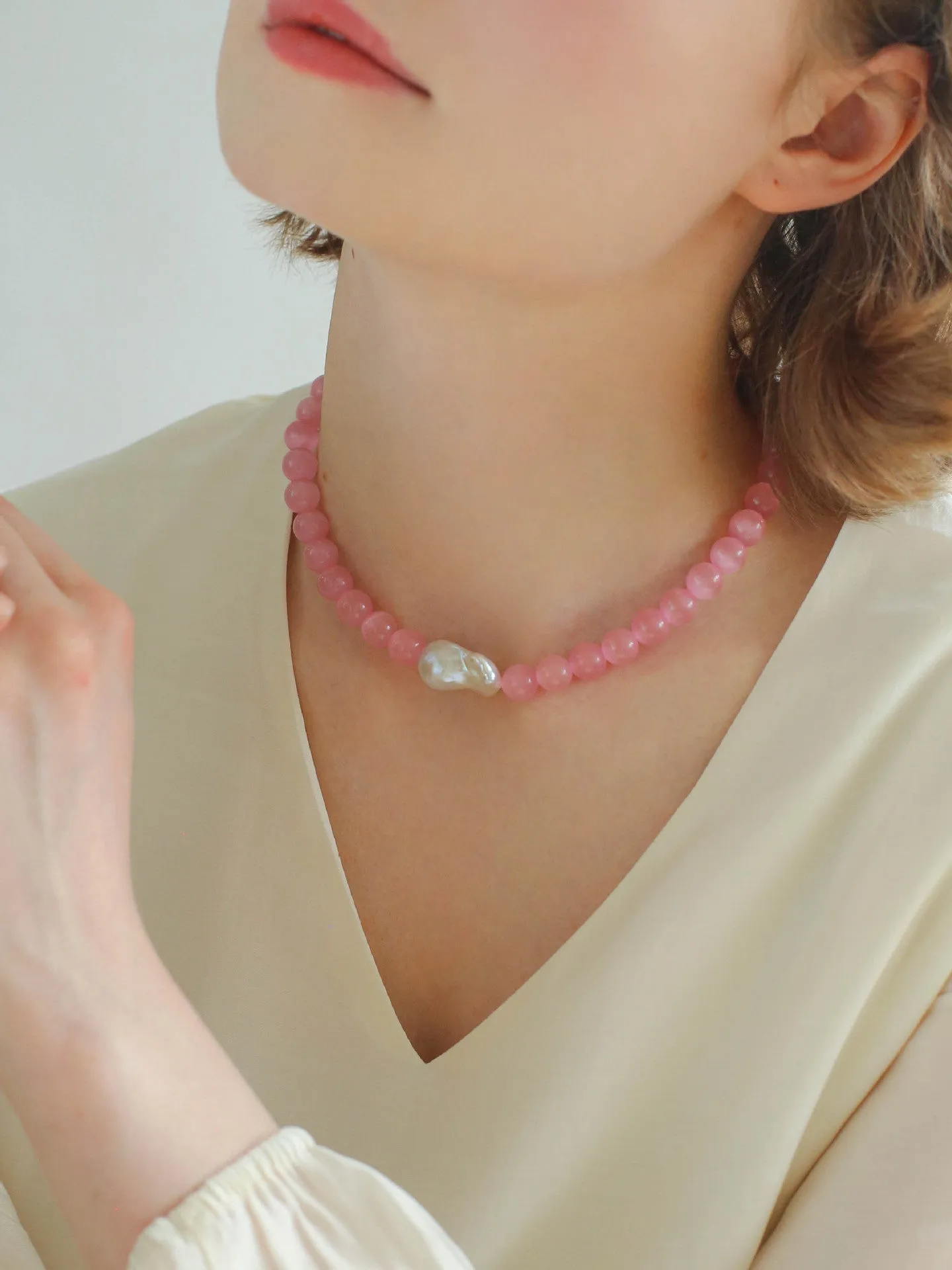 Cat's Eye Stone Baroque Pearl Collar Necklace-Pink