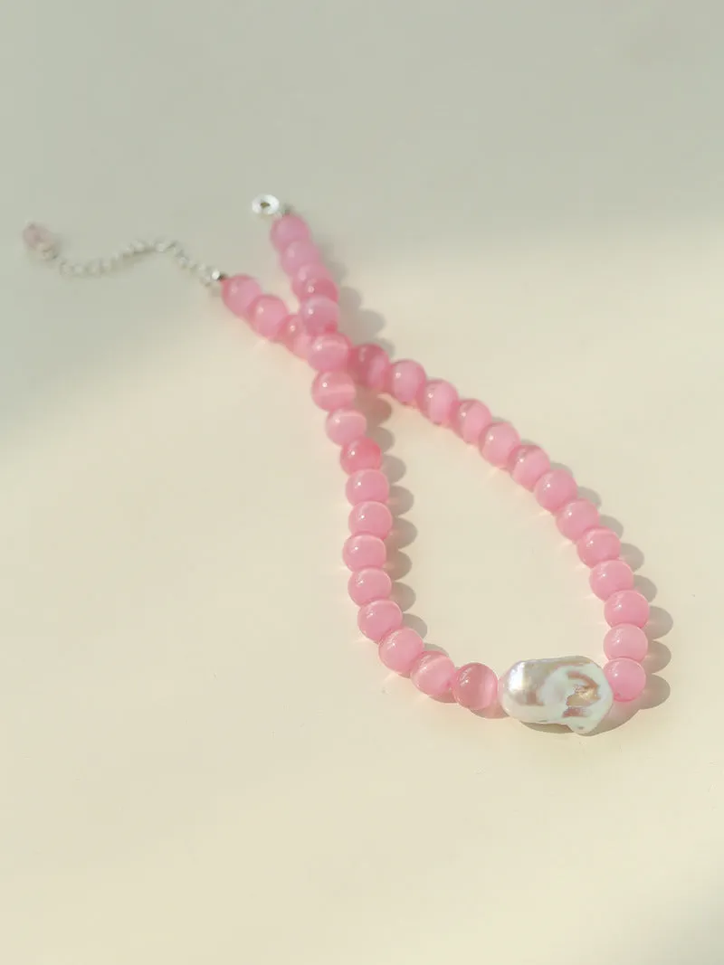 Cat's Eye Stone Baroque Pearl Collar Necklace-Pink