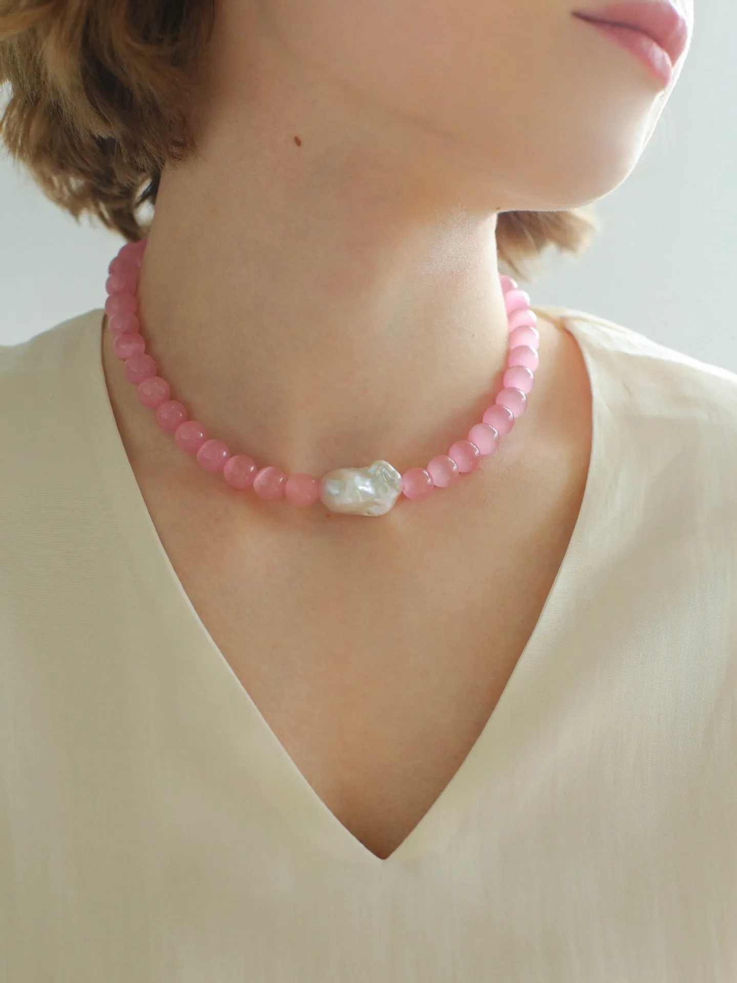 Cat's Eye Stone Baroque Pearl Collar Necklace-Pink