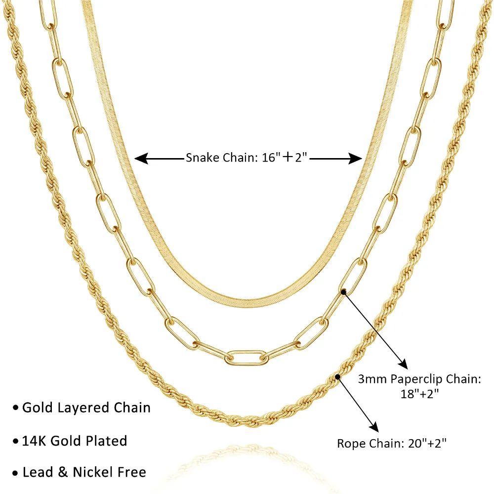 Dainty 14K Gold Layered Necklaces- Snake Rope Paperclip Chain