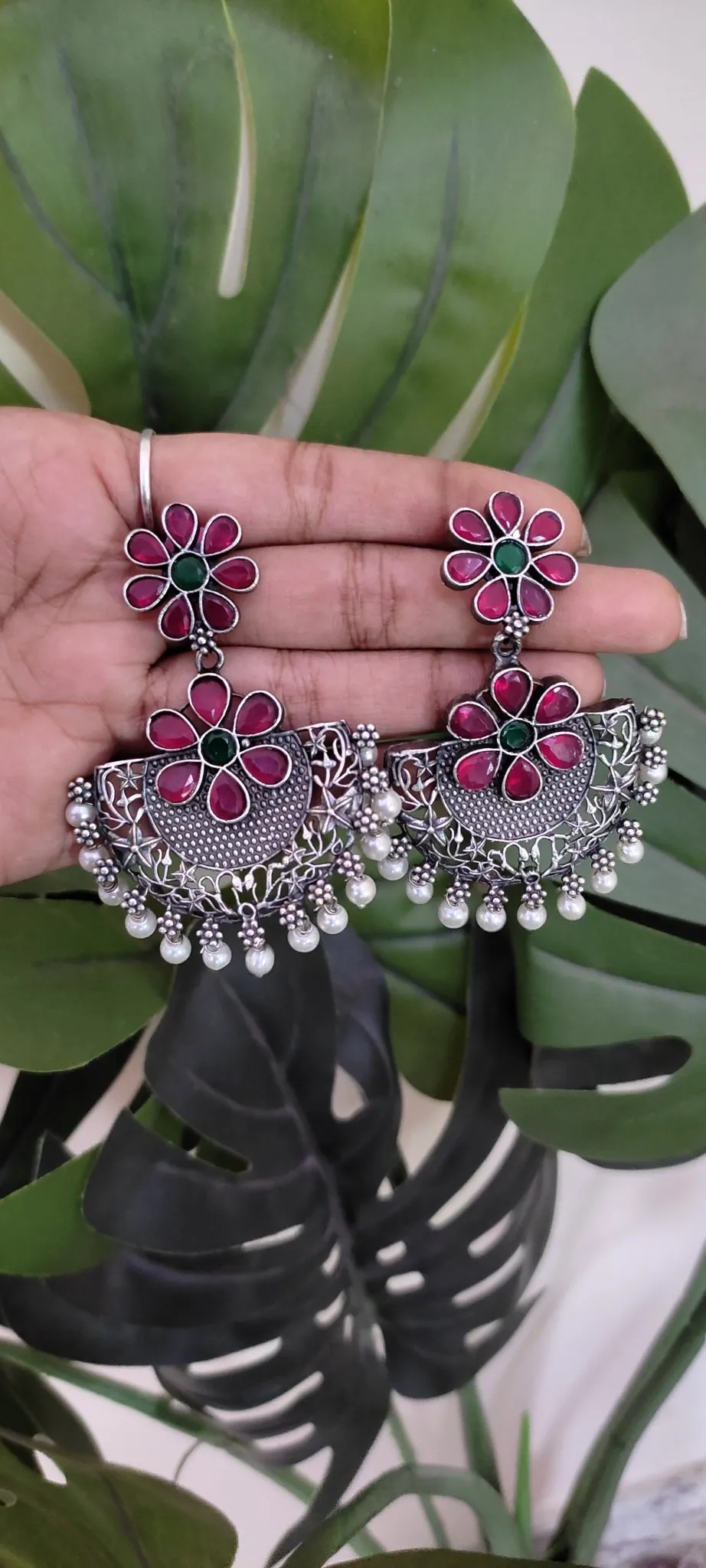 Double Flower Stone Drop Earring