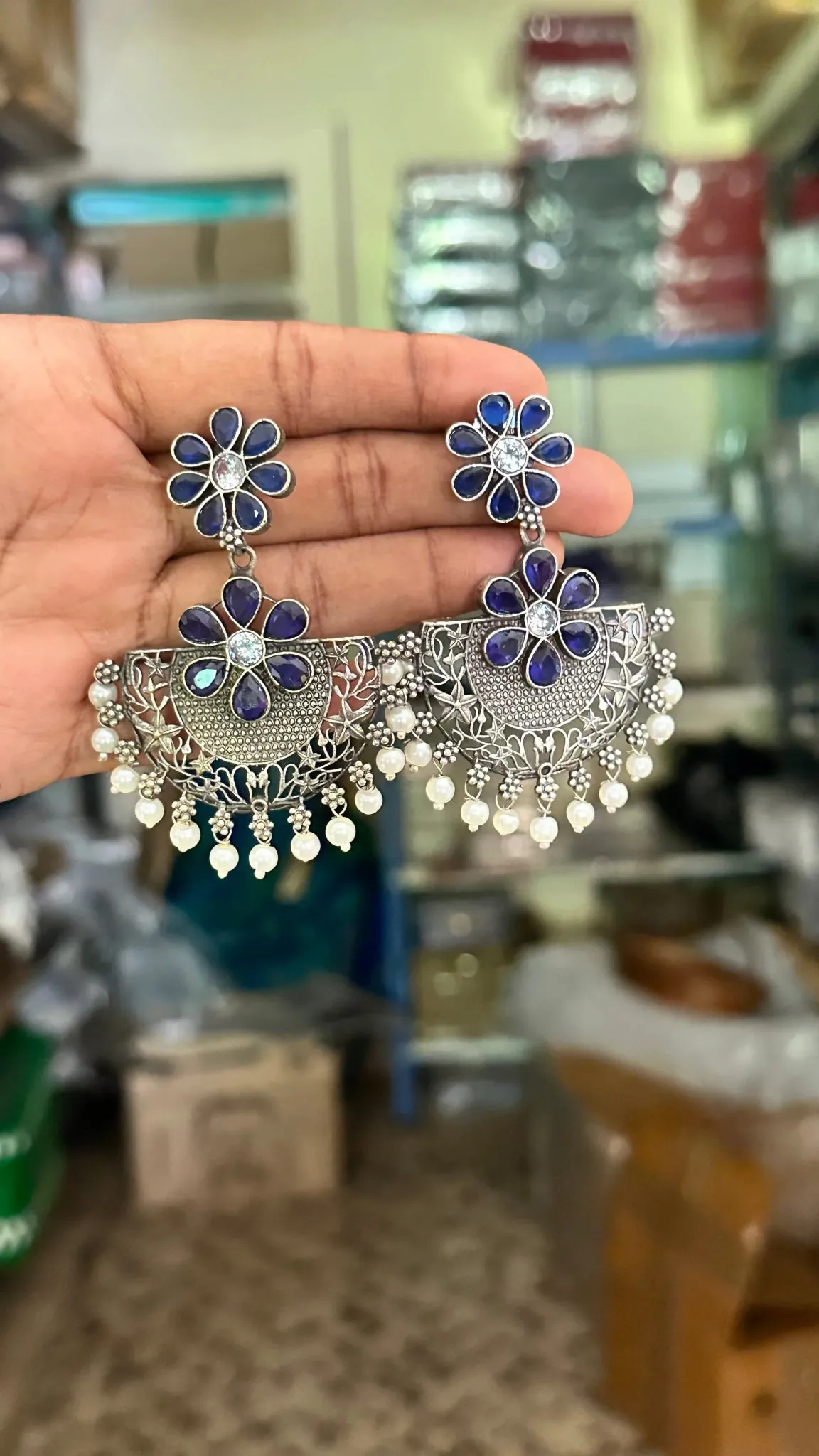 Double Flower Stone Drop Earring