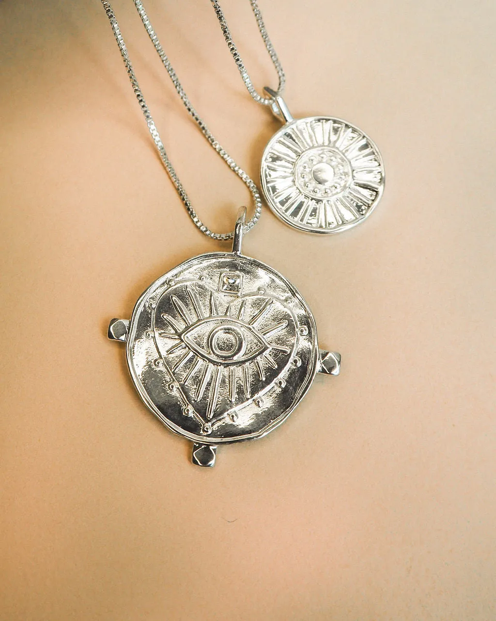 Evil Eye Double Coin Necklace- Silver