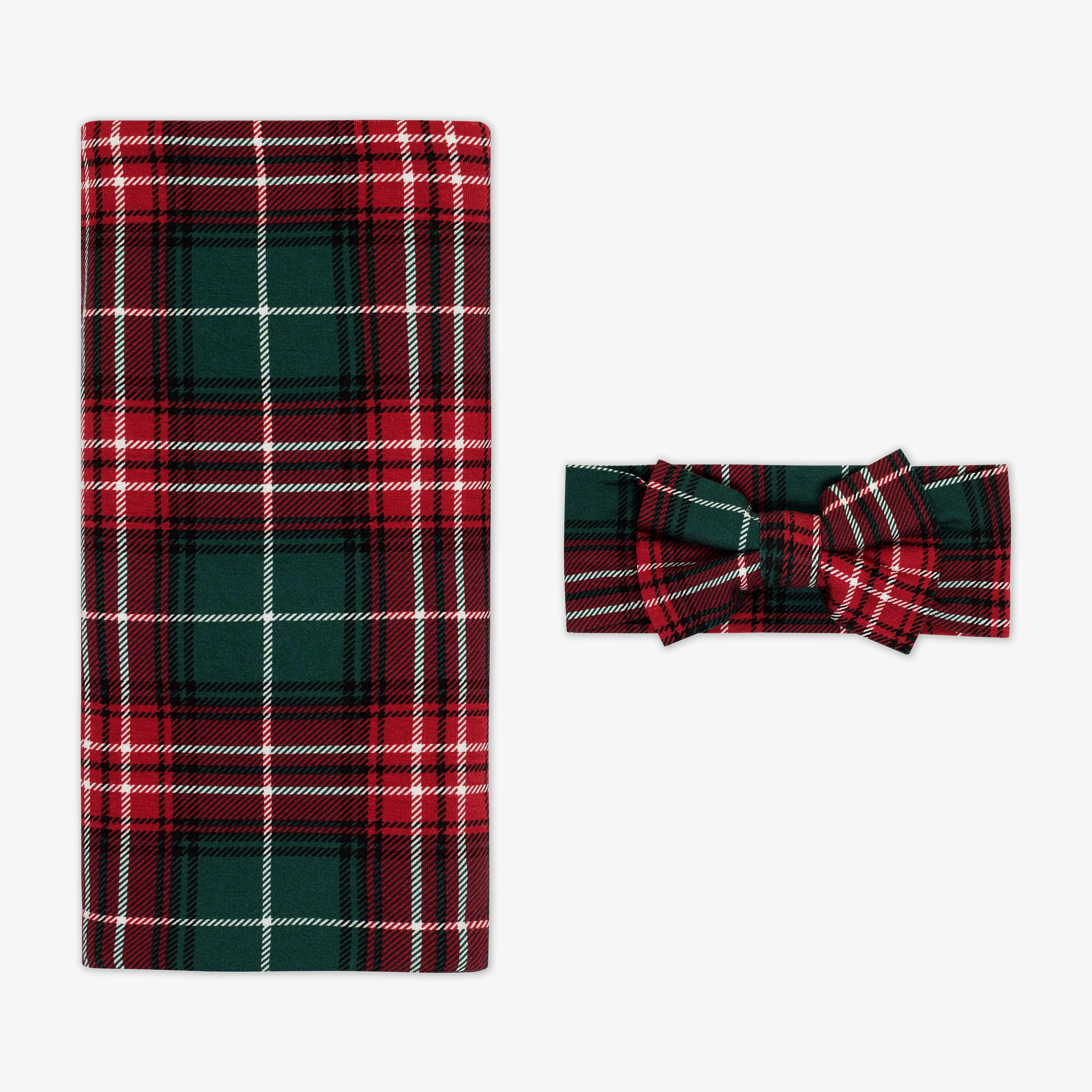 Fireside Plaid Swaddle & Luxe Bow Headband Set