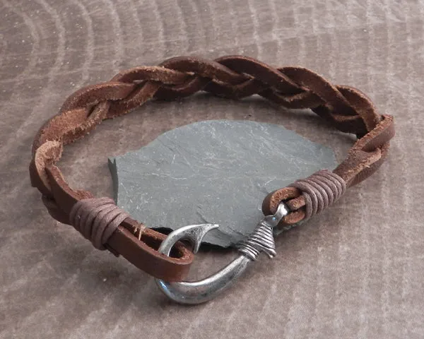 Fish Hook Braided Leather Bracelet