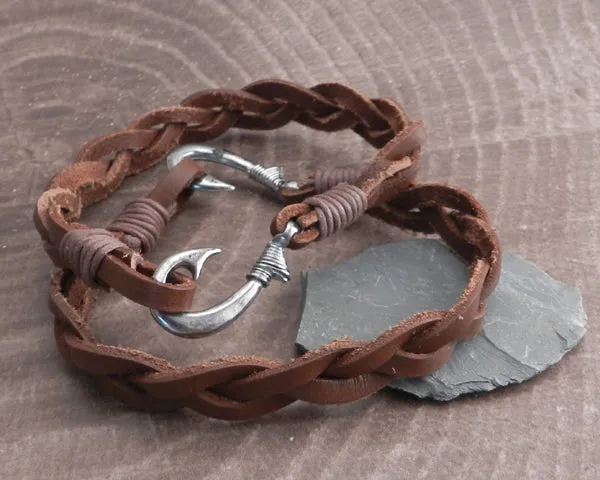 Fish Hook Braided Leather Bracelet