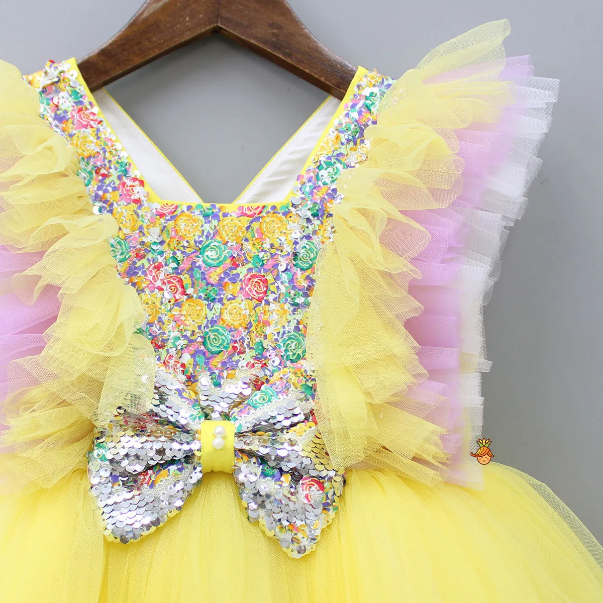 Frilly Sequin Work Yellow Dress With Matching Hair Clip